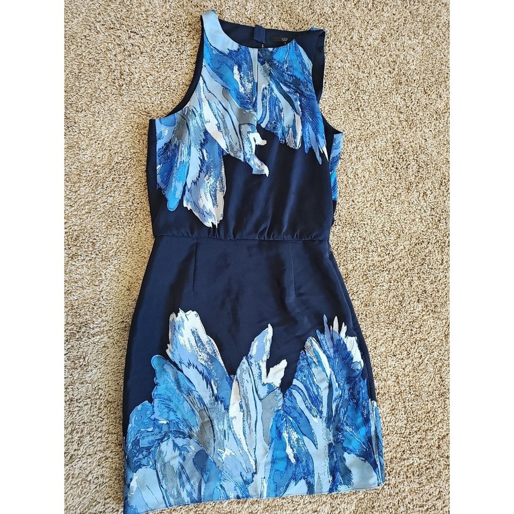 Tibi Blue Abstract Silk Sleeveless Shift Dress Navy Floral Print Size 4